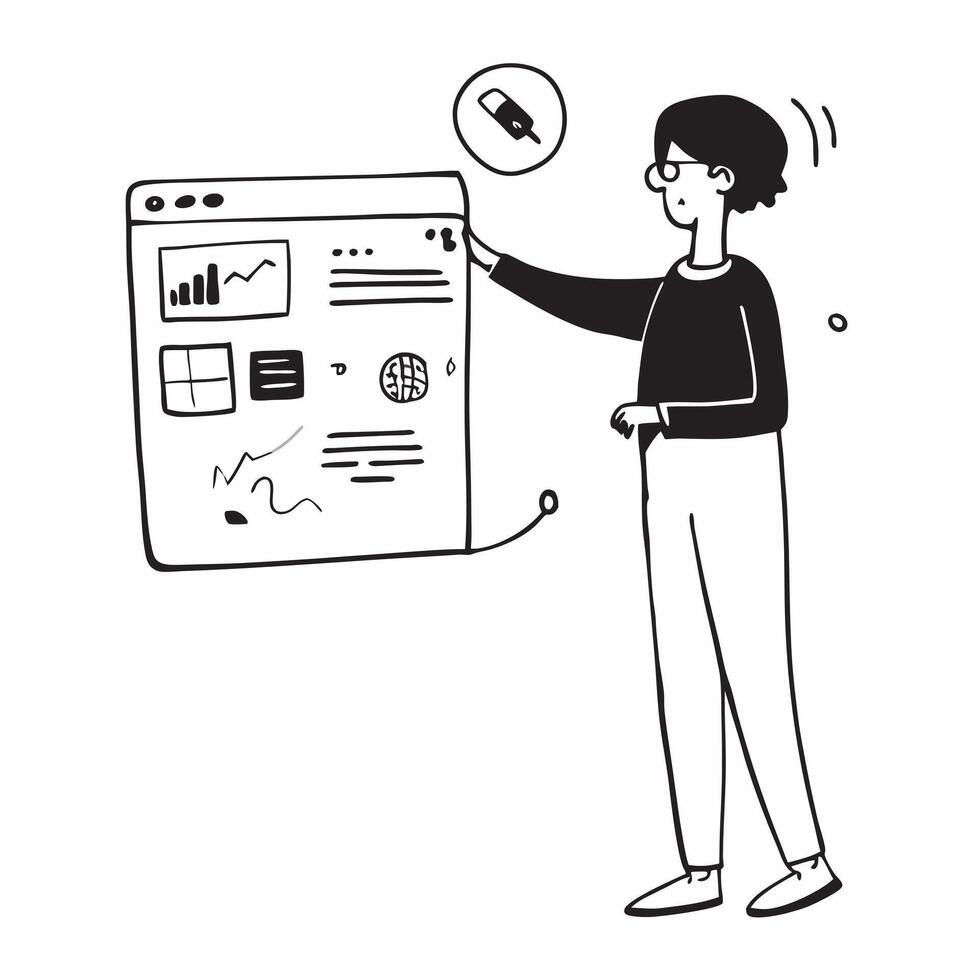 Flat Candid shot of a data analyst presenting insights on a digital dashboard concept as A candid image of a data analyst presenting data insights on a digital dashboard during a m Cleans vector