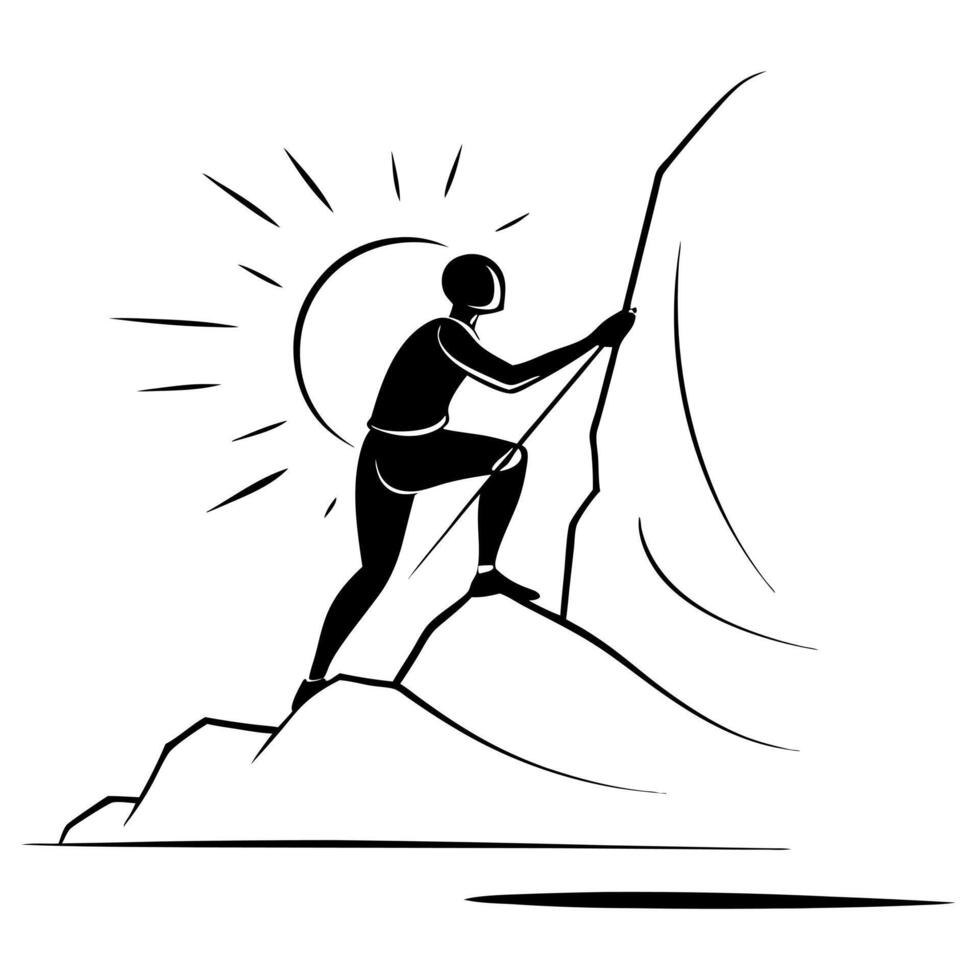 Flat Climber on Glossy Rock Face at Sunrise concept as A climber scaling a glossy rock face at sunrise with the early morning light reflecting off the surface The scene highlights Cleans vector
