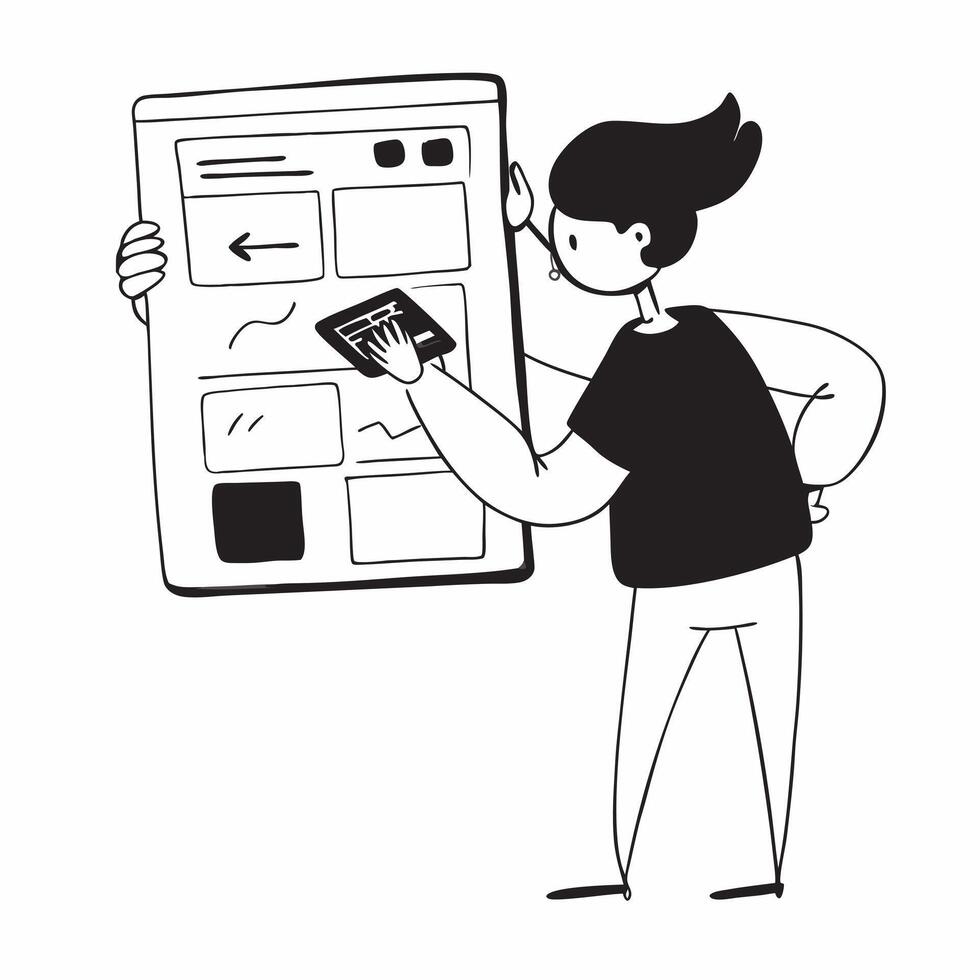 Flat Candid shot of a UX designer creating user friendly interfaces concept as A candid photo of a UX designer creating user friendly interfaces on a digital tablet in a modern wor Cleans vector