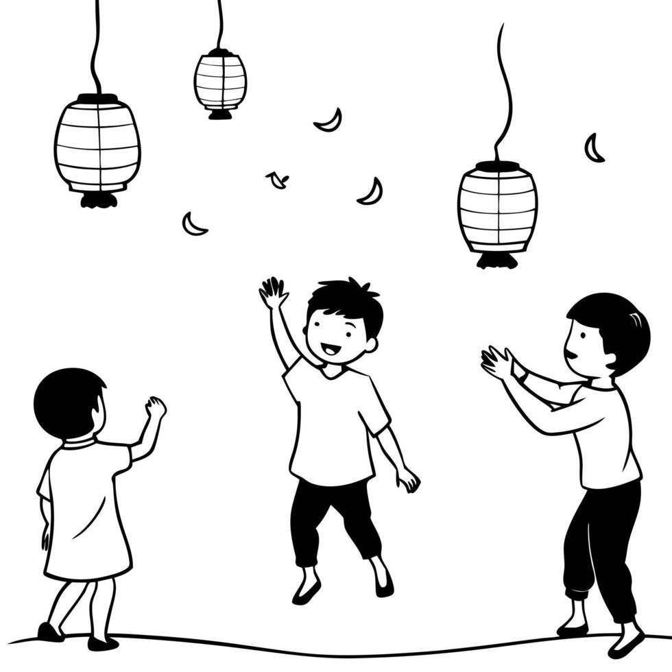 Flat Children Playing with Lanterns in the Backyard concept as A candid capture of children playing with glowing lanterns in the backyard during the Mid Autumn Festival with sponta Cleans vector