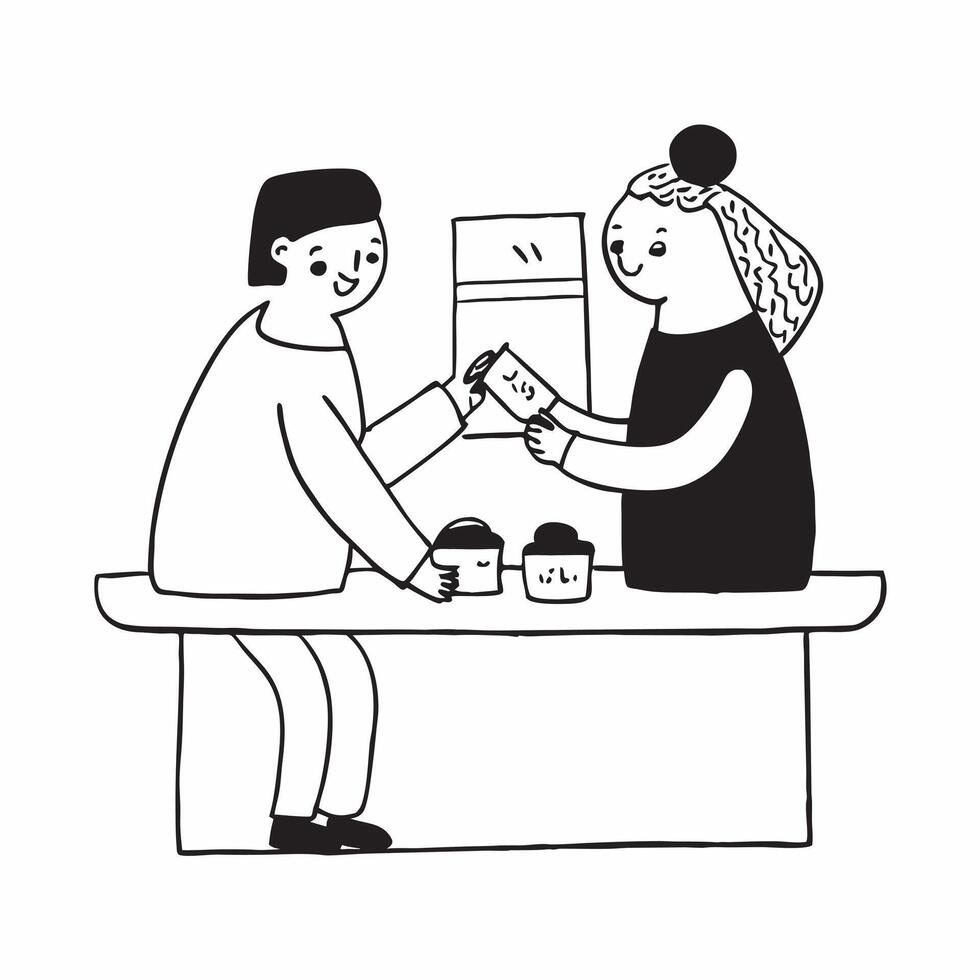 Flat Couple enjoying coffee together at a rustic kitchen table concept as A candid shot of a couple enjoying coffee together at a rustic kitchen table The camera captures the warm Cleans vector