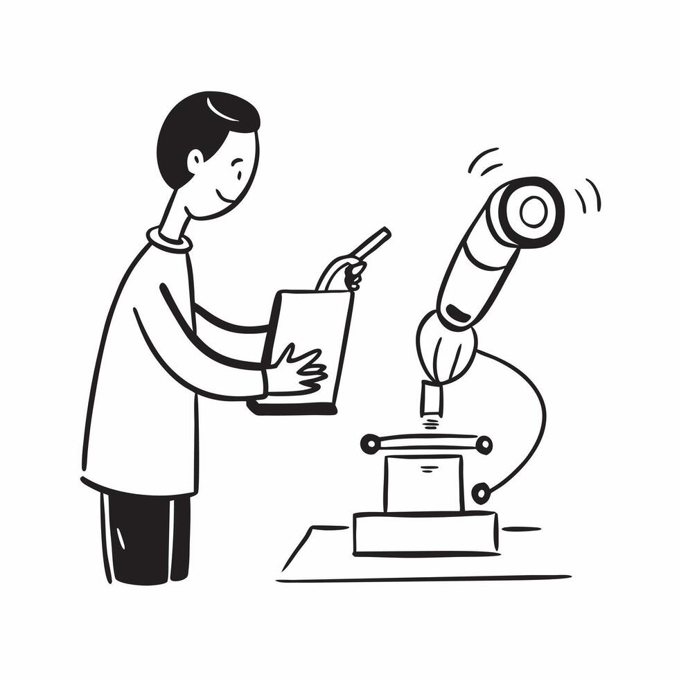Flat Engineer candidly working on a robotic arm in a lab concept as A candid image of an engineer intensely focused on programming and adjusting a robotic arm in a tech lab The ph Cleans vector