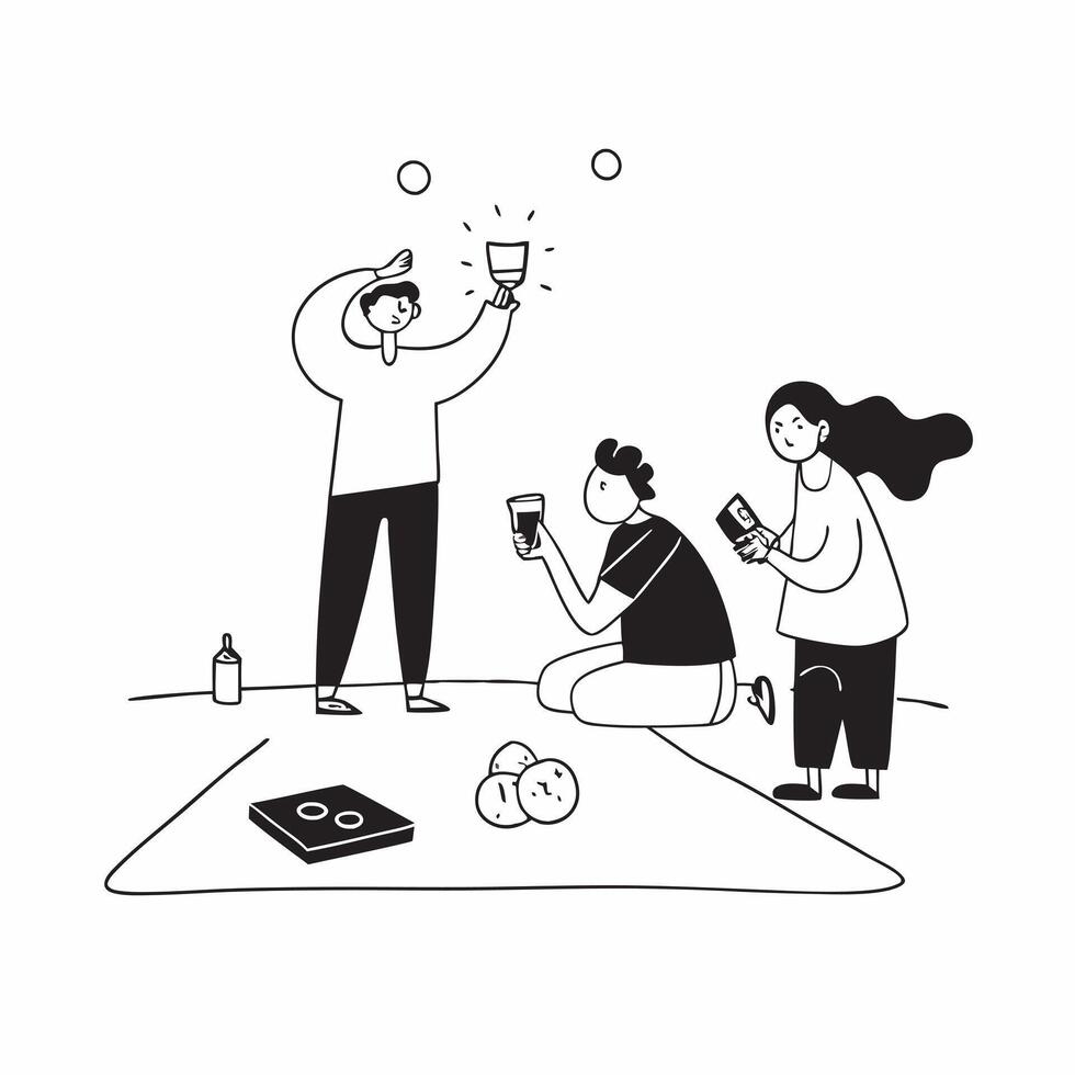 Flat Family enjoying a picnic in the park with fresh lemonade concept as A candid shot of a family enjoying a picnic in the park with children playing and adults sipping fresh lemo Cleans vector