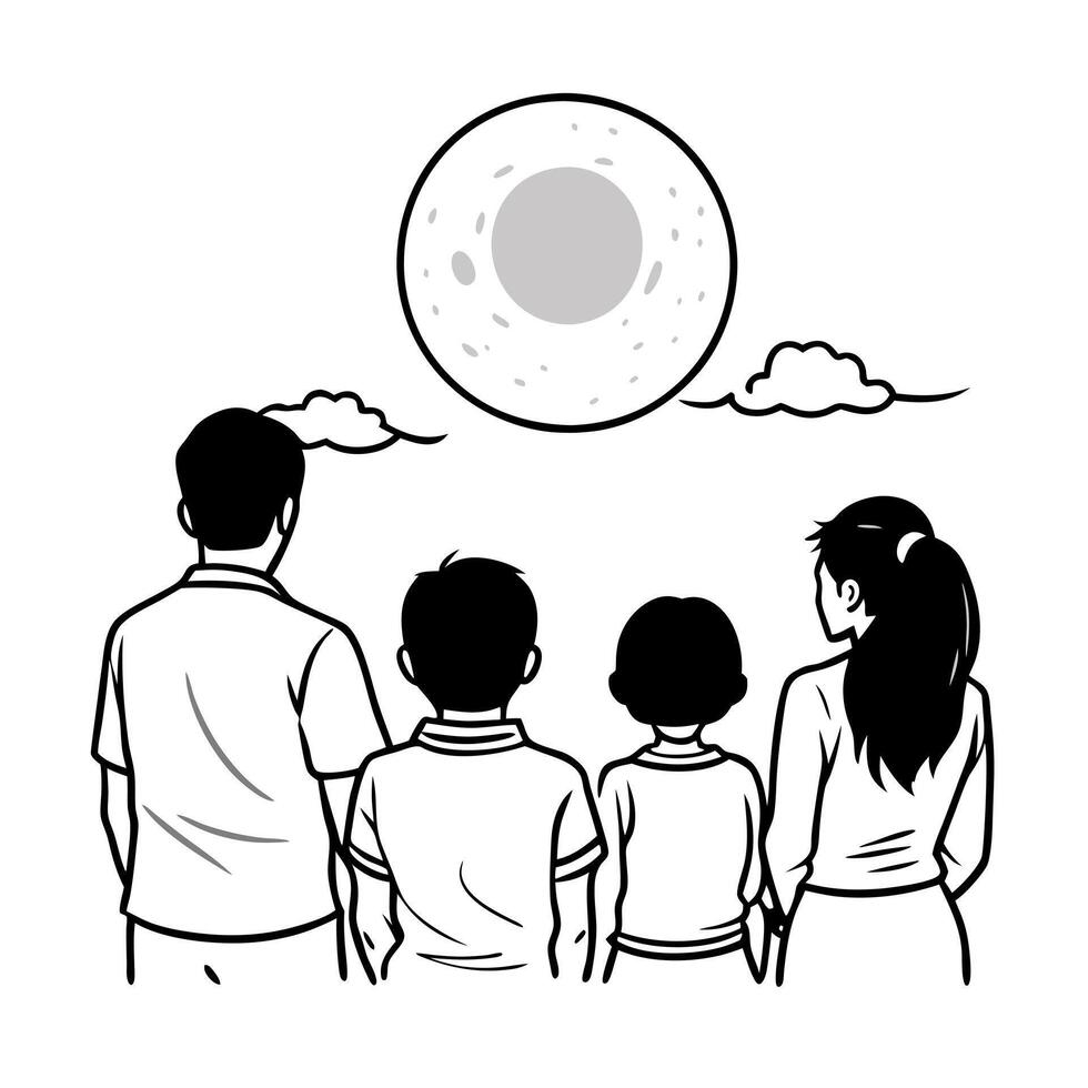 Flat Family Watching the Moon Together at Mid Autumn Festival concept as A candid capture of a family watching the full moon together during the Mid Autumn Festival with expression Cleans vector