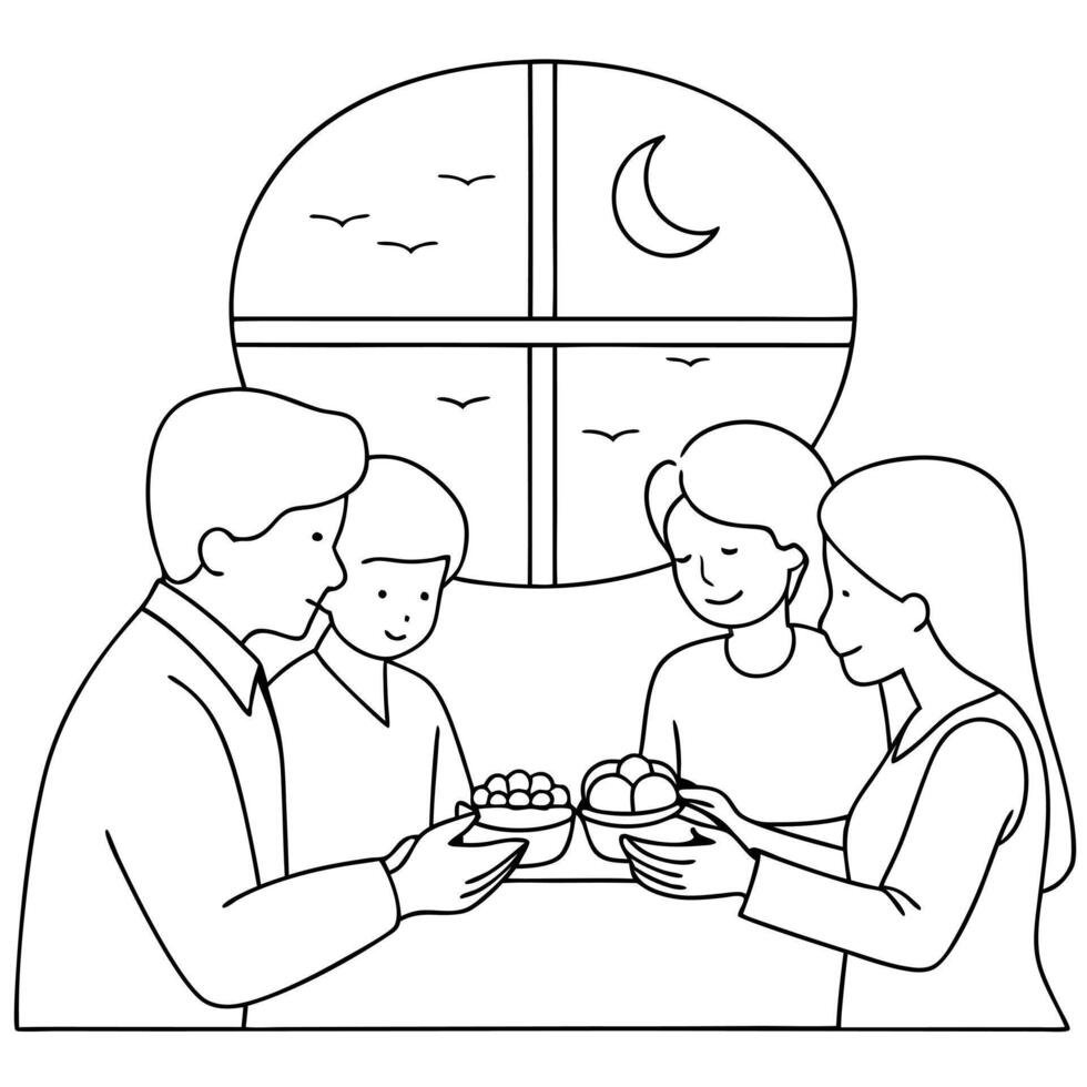 Flat Family Sharing Mooncakes During Mid Autumn Festival concept as A candid shot of a family sharing mooncakes in a warm and cozy setting with natural light streaming through a wi Cleans Set 2 vector