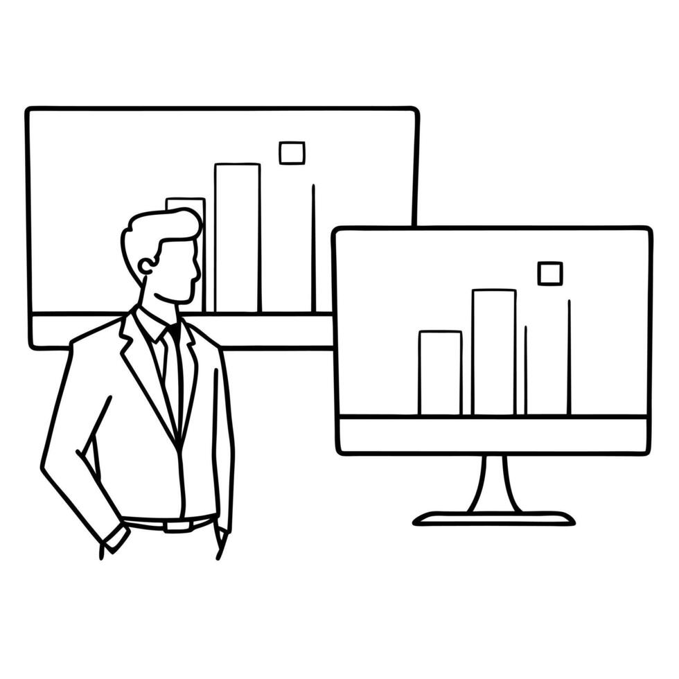 Flat Financial analyst reviewing glossy bar charts concept as A financial analyst is focused on a series of glossy bar charts displayed on multiple monitors The background is slee Cleans vector