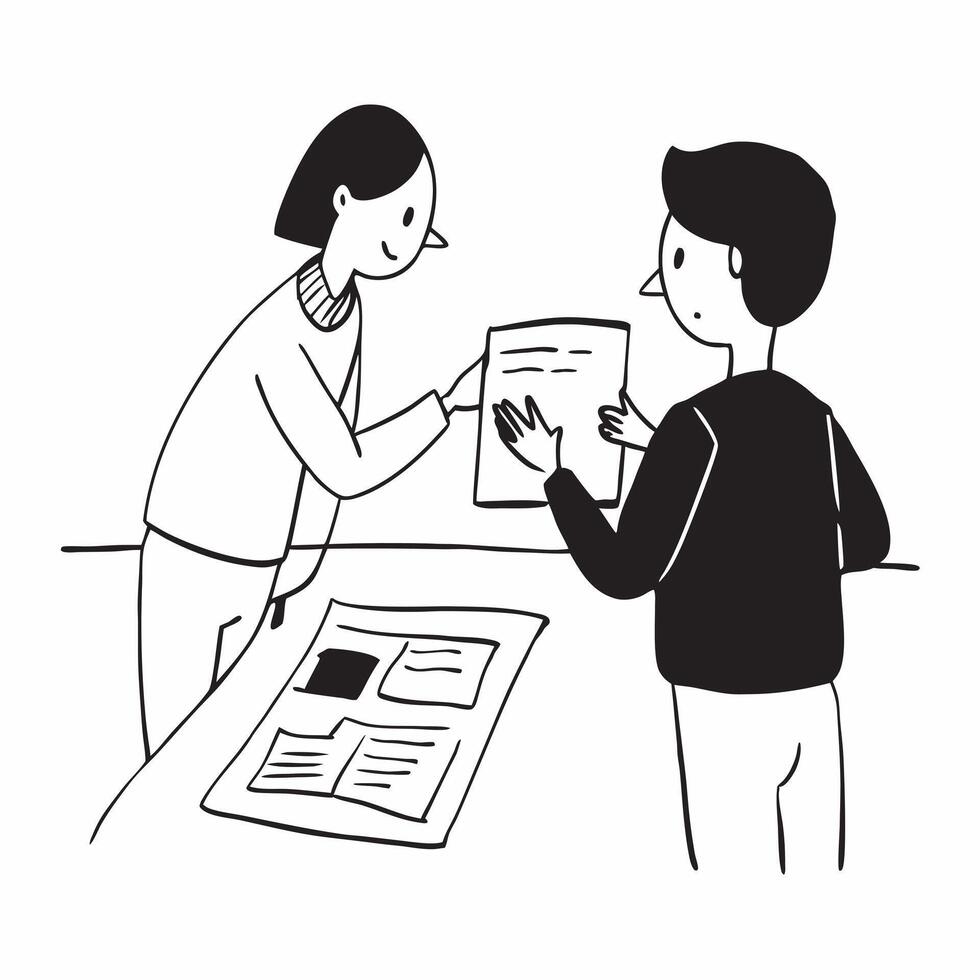 Flat Financial officer discussing a report with a colleague at a casual meeting concept as A candid moment where a financial officer is discussing a report with a colleague in a ca Cleans vector