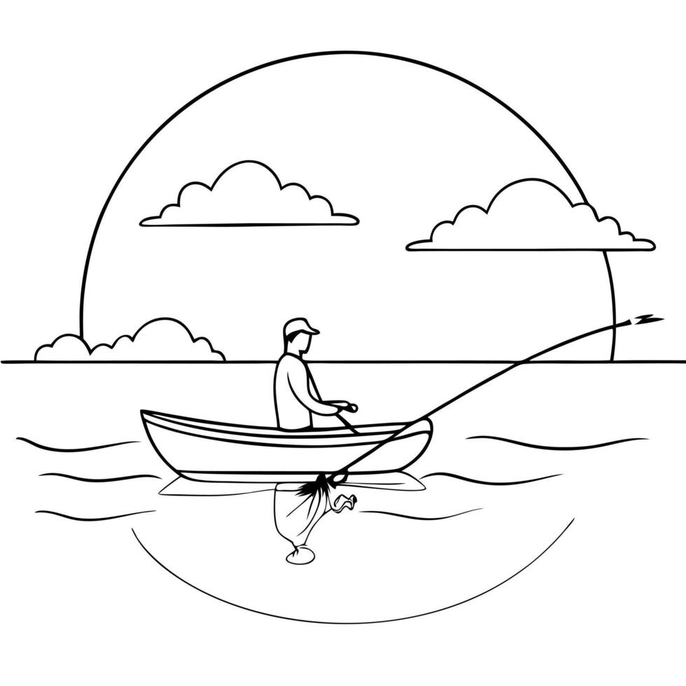 Flat Fisherman on a Glossy Lake during Golden Hour concept as A fisherman in a small boat on a glossy lake during golden hour with the sky reflecting on the water The scene is ser Cleans Set 2 vector