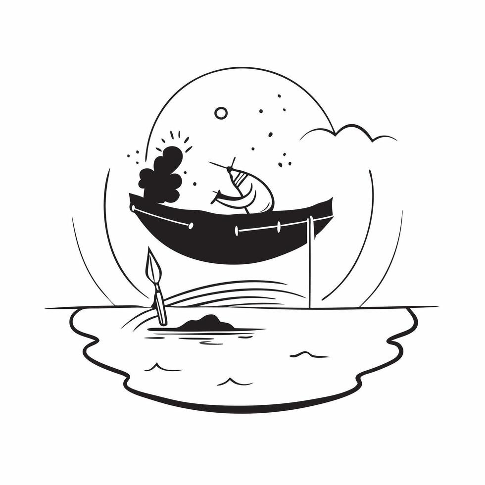 Flat Fisherman on a Glossy Lake during Golden Hour concept as A fisherman in a small boat on a glossy lake during golden hour with the sky reflecting on the water The scene is ser Cleans Set 3 vector
