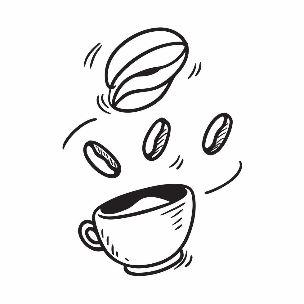 Flat Floating coffee cup with beans forming a spiral with Morning Perk text concept as A dynamic featuring a floating coffee cup with beans creating a spiral pattern paired Cleans vector