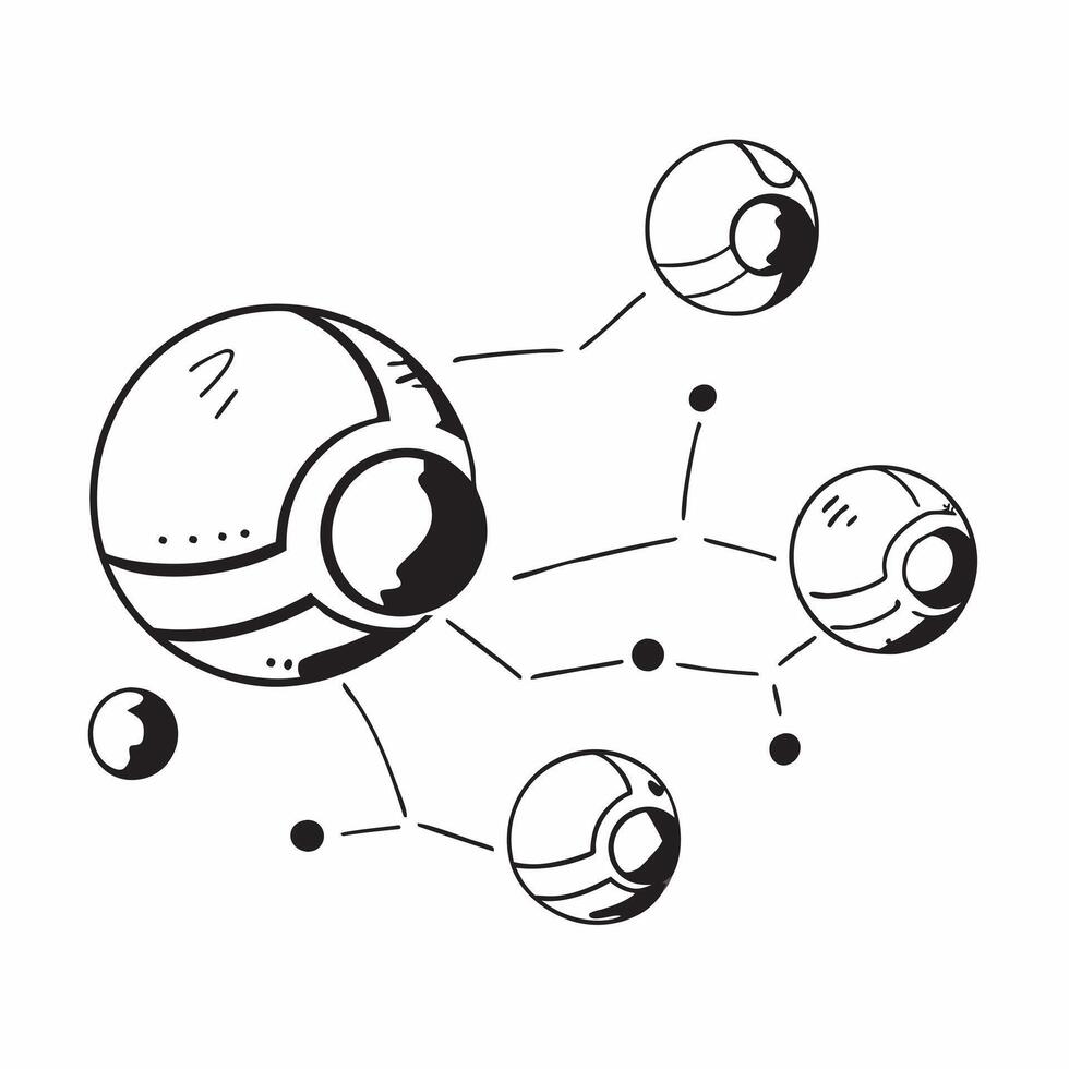 Flat Floating digital spheres with connected nodes on an isolated white background concept as Two floating digital spheres connected by glowing nodes isolated on a white background Cleans vector