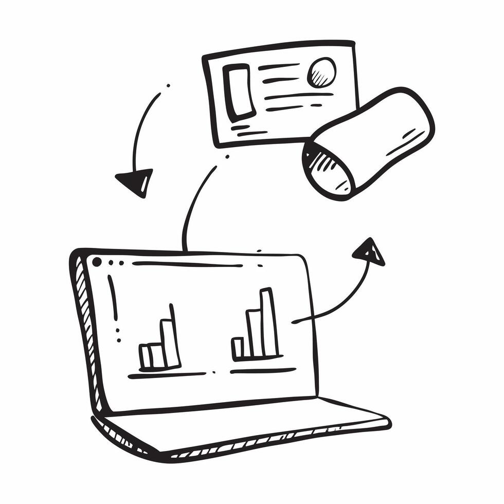 Flat Floating laptop and bar chart with Marketing Performance text concept as A sleek illustration showcasing a floating laptop and bar chart with the text Marketing Perform Cleans vector