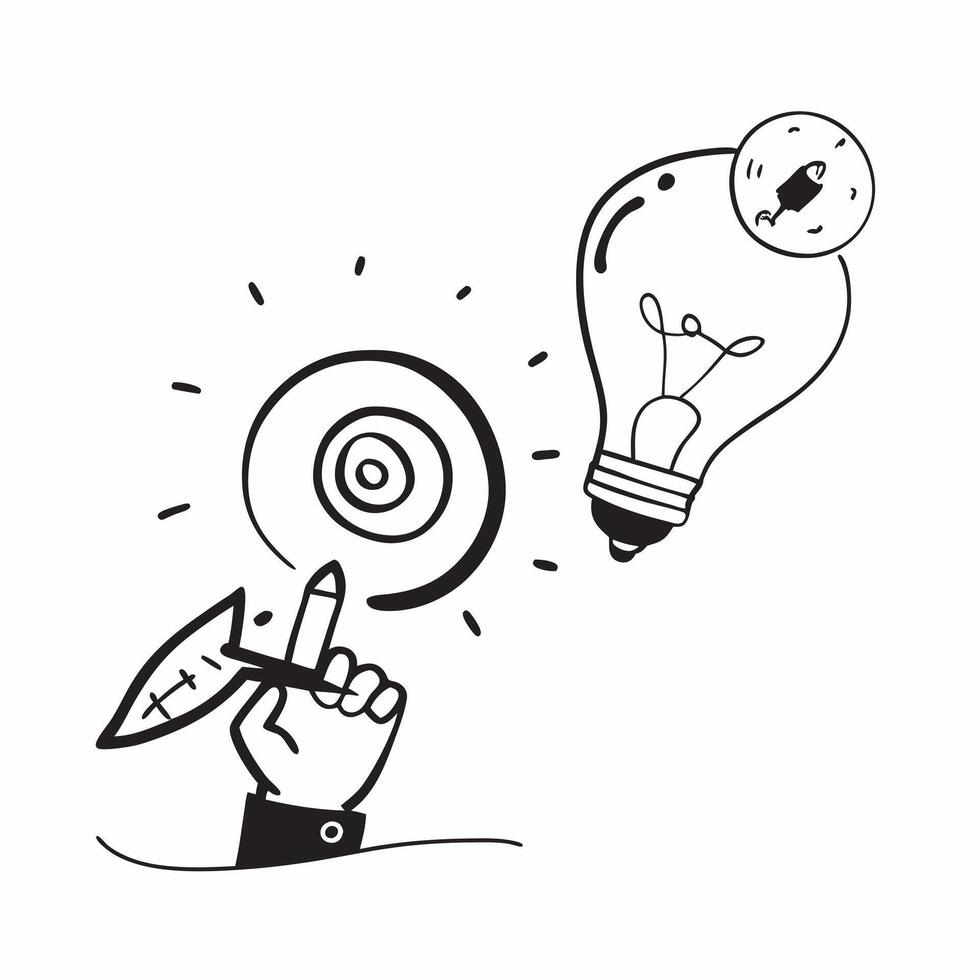 Flat Floating light bulb and target with the word Innovation concept as A design showing a light bulb and a target floating in mid air with the word Innovation prominently d Cleans vector
