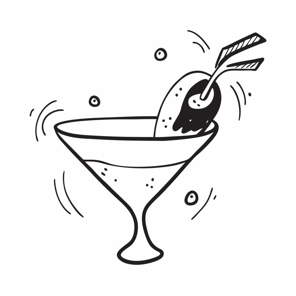 Flat Floating martini glass with olive and splash forming a stylish wave with Classic Twist text concept as A stylish illustration of a floating martini glass with an olive Cleans vector