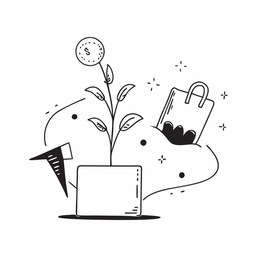 Flat Floating money tree and watering can with Wealth Growth text concept as A dynamic design featuring a floating money tree and watering can with the text Wealth Growth T Cleans vector