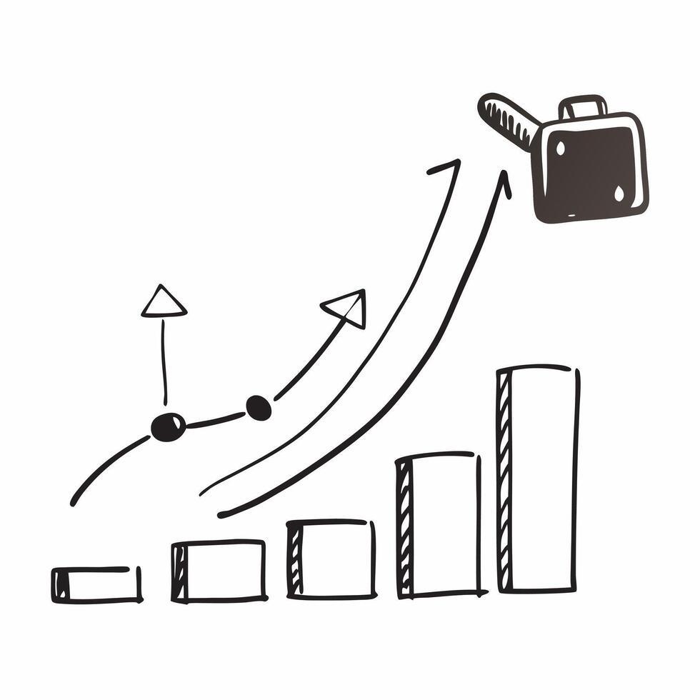 Flat Flying bar chart and briefcase with the word Growth concept as A design showing a rising bar chart and a briefcase floating in mid air with the word Growth prominently Cleans vector