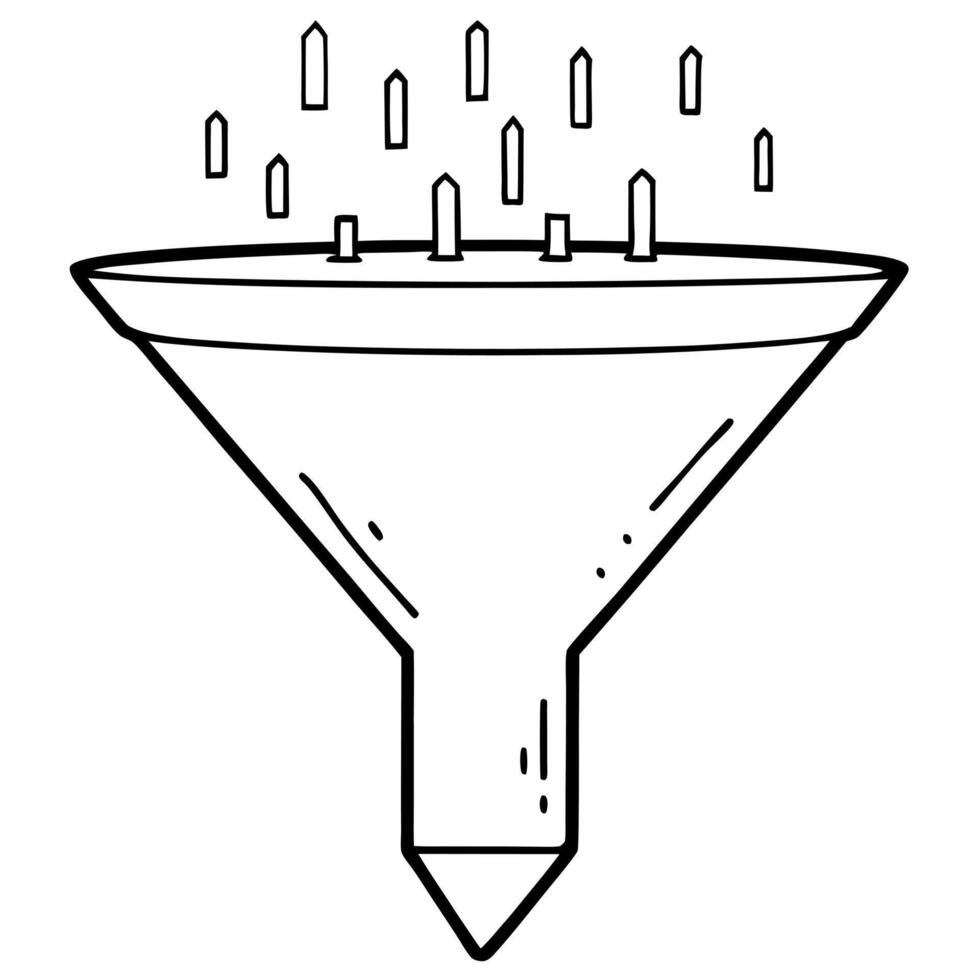 Flat Funnel icon with data points cascading down concept as A funnel icon with data points cascading down appearing to defy gravity as they float towards the narrow end isolated on Cleans vector