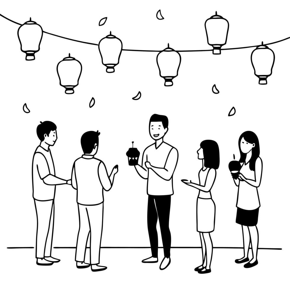 Flat Friends Lighting Lanterns at a Mid Autumn Festival Gathering concept as A candid moment of friends lighting lanterns together at a Mid Autumn Festival gathering with genuine s Cleans vector