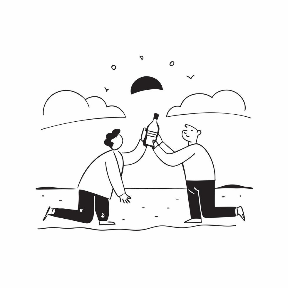 Flat Friends sharing a bottle of wine during a sunset picnic on the beach concept as A candid shot capturing friends sharing a bottle of wine during a sunset picnic on the beach T Cleans vector