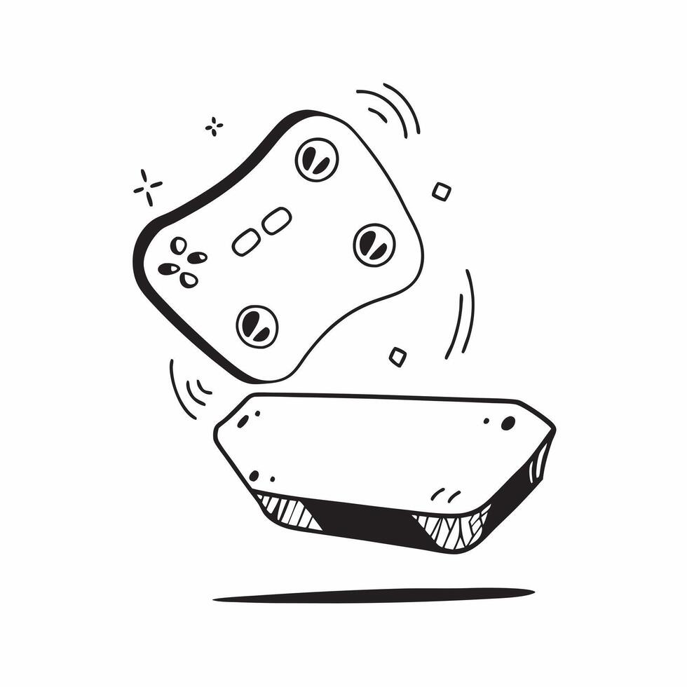 Flat Gaming Console with Holographic Controllers concept as Vertical shot of a gaming console standing upright on a white background with glowing holographic controllers floating a Cleans vector
