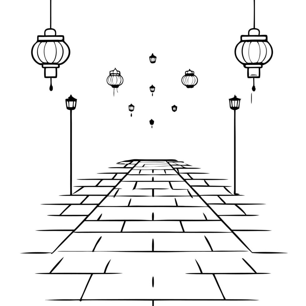 Flat Glossy Alley with Lanterns and Reflections for Mid Autumn Festival concept as A glossy alleyway adorned with lanterns creating a reflective and intimate Mid Autumn Festival ba Cleans Set 2 vector