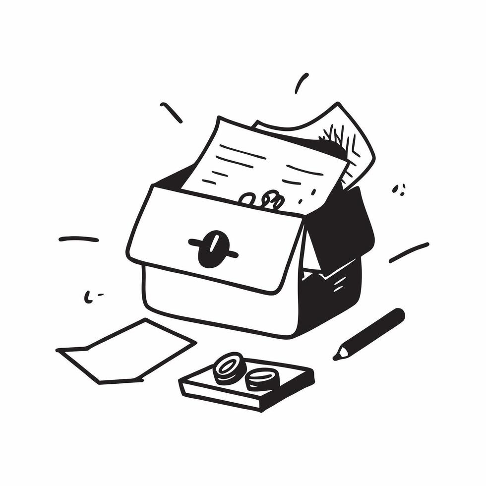 Flat Glossy briefcase with a lock and financial documents spilling out on a desk concept as A high angle shot of a glossy briefcase with a lock slightly open with financial documen Cleans vector