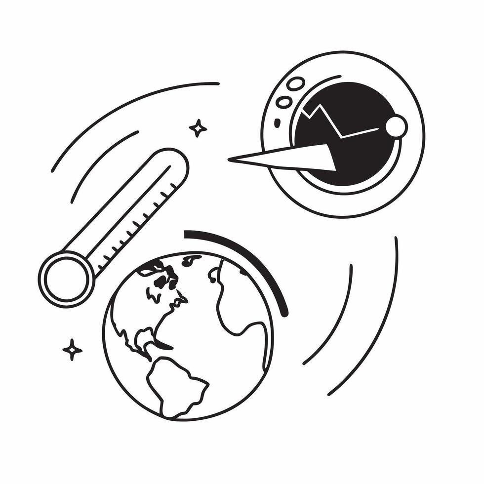 Flat Glossy earth and thermometer with holographic climate data and global temperature trends concept as A sleek image featuring a glossy earth and thermometer with floating hologr Cleans Set 4 vector