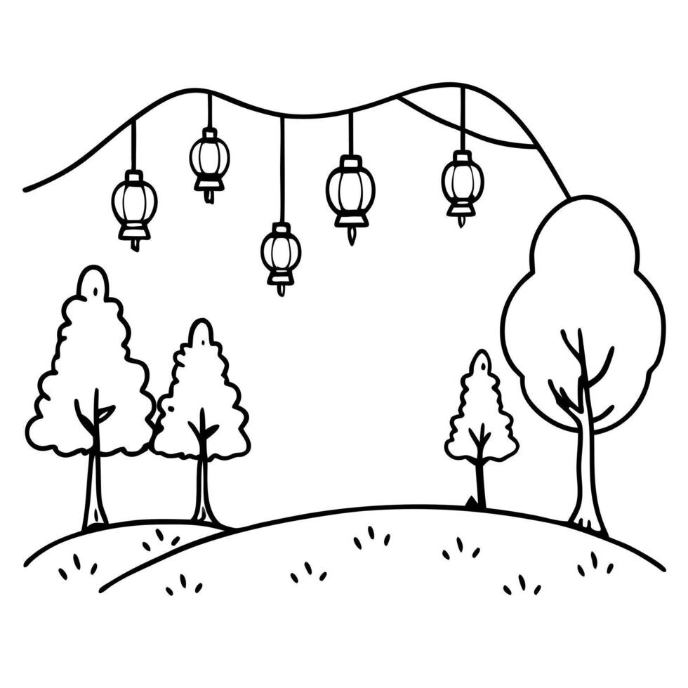 Flat Glossy Forest Clearing with Lanterns for Mid Autumn Festival concept as A glossy forest clearing background illuminated by lanterns creating a mystical and reflective setting Cleans vector