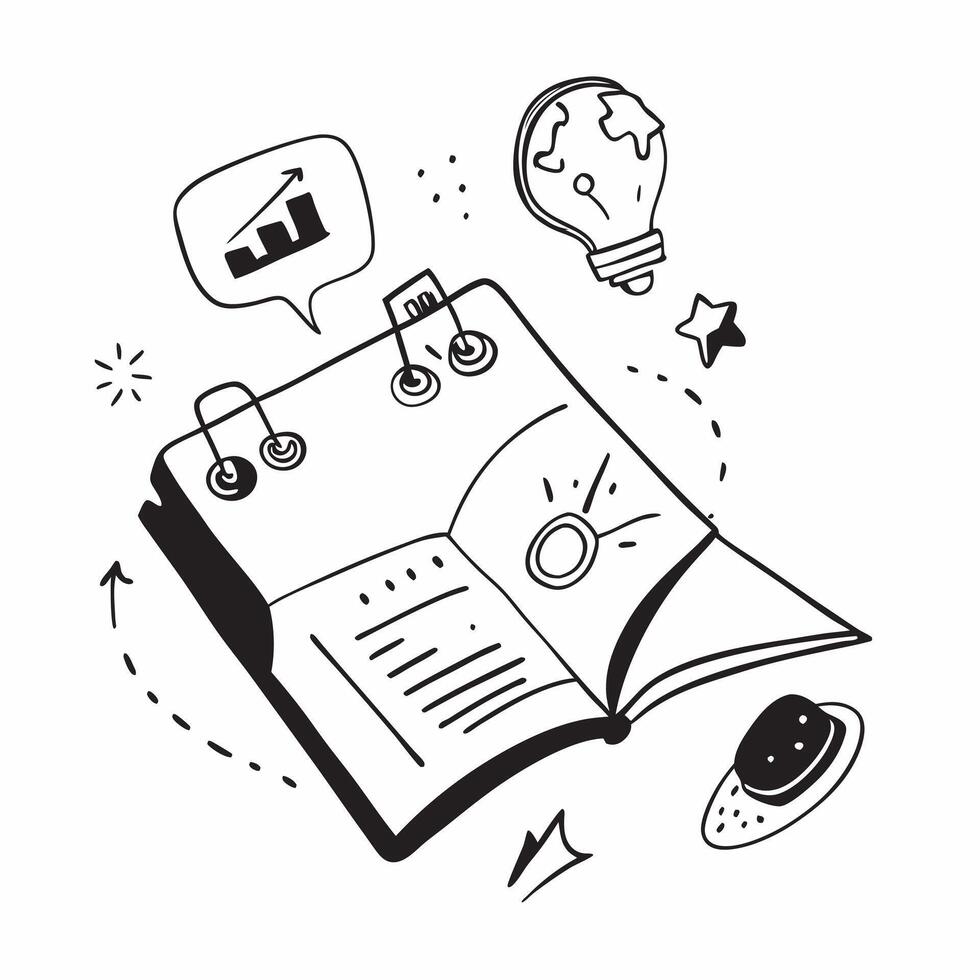 Flat Glossy notebook with holographic marketing ideas and brainstorm icons concept as A high angle shot of a glossy notebook open to a page with floating holographic marketing idea Cleans vector