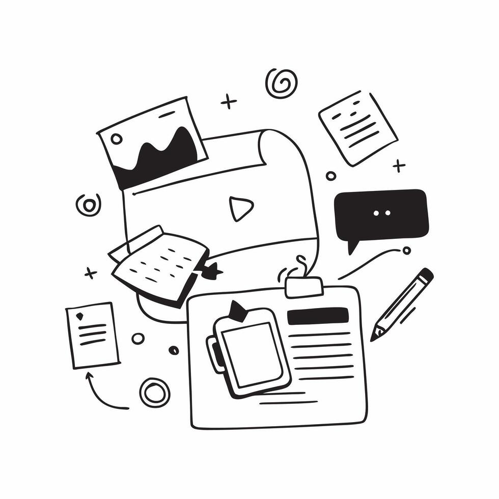 Flat Glossy office environment with marketing materials neatly arranged concept as A wide angle shot of a glossy office environment with marketing materials neatly arranged on a de Cleans vector