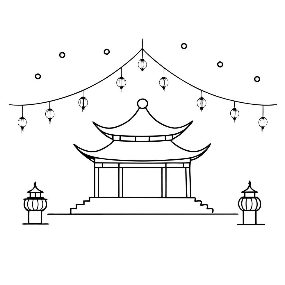 Flat Glossy Temple Courtyard with Lanterns for Mid Autumn Festival concept as A glossy temple courtyard illuminated by lanterns creating a sacred and reflective background for the Cleans Set 2 vector