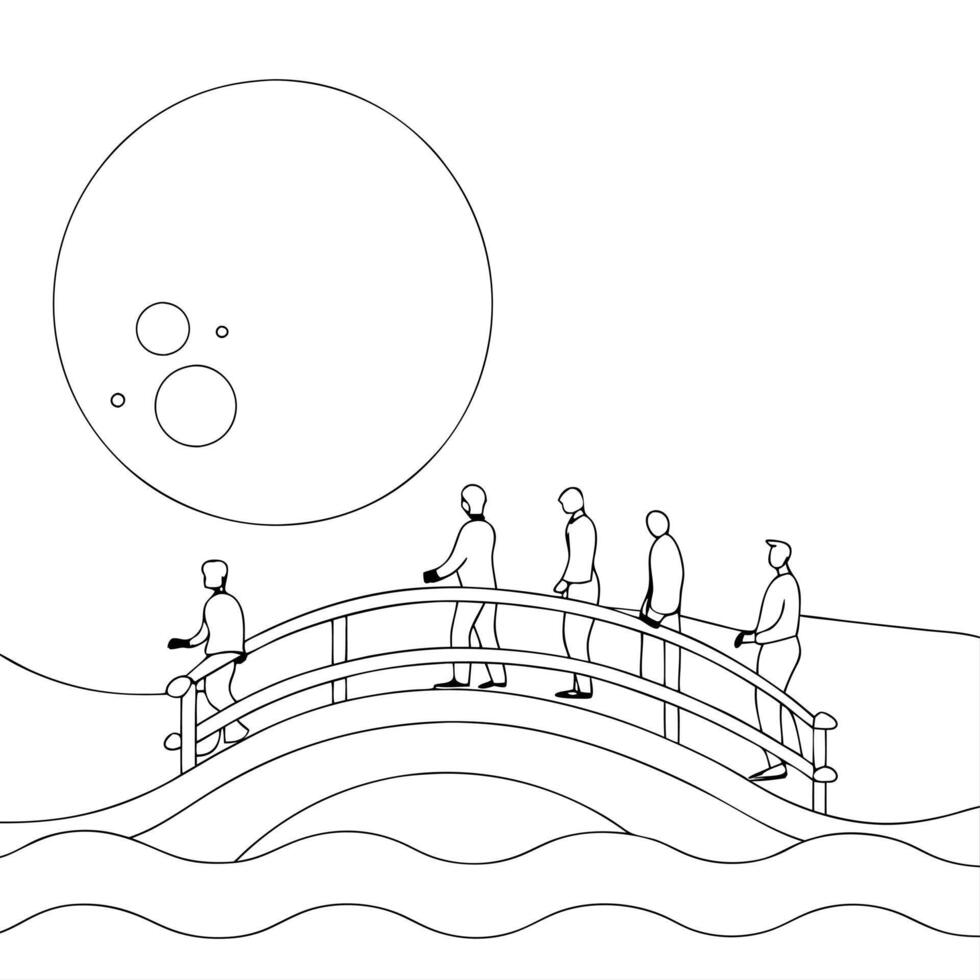 Flat Glowing Abstract Bridge Crossing concept as A glowing abstract depiction of people crossing a bridge under the full moon during the Mid Autumn Festival with luminous waves and Cleans vector
