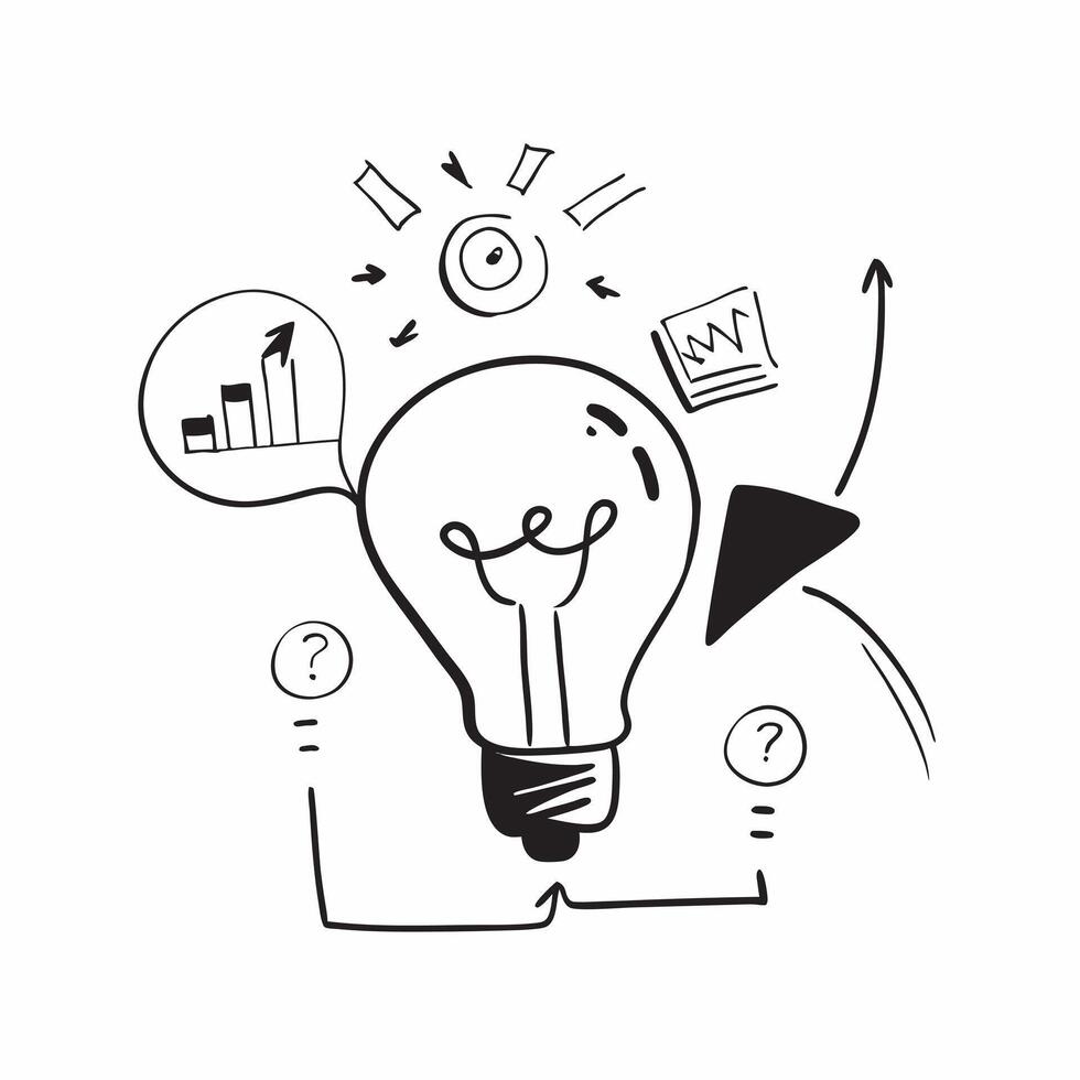 Flat Glowing abstract light bulb with marketing ideas flowing out concept as A captivating image of a glowing abstract light bulb with marketing ideas flowing out in vibrant stream Cleans vector