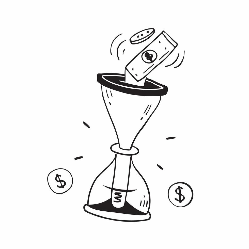 Flat Glowing abstract hourglass with currency symbols flowing through concept as A glowing abstract hourglass with currency symbols flowing through it representing the passage of t Cleans vector