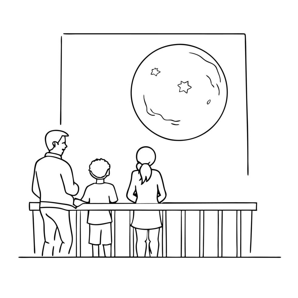 Flat Glowing Abstract Moon Viewing concept as A digital art piece showing a family viewing the glowing full moon from a balcony surrounded by abstract luminous shapes Camera angle Cleans vector