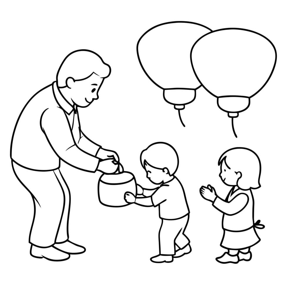 Flat Grandparents Teaching Grandchildren to Make Lanterns concept as A candid capture of grandparents teaching their grandchildren how to make lanterns during the Mid Autumn Festiv Cleans Set 2 vector