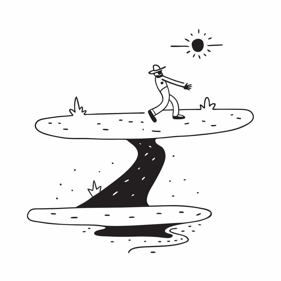 Flat Hiker on Glossy Trail at Dusk concept as A hiker walking along a glossy trail at dusk with the fading light reflecting off the wet ground The scene is peaceful and reflective Cleans Set 3 vector