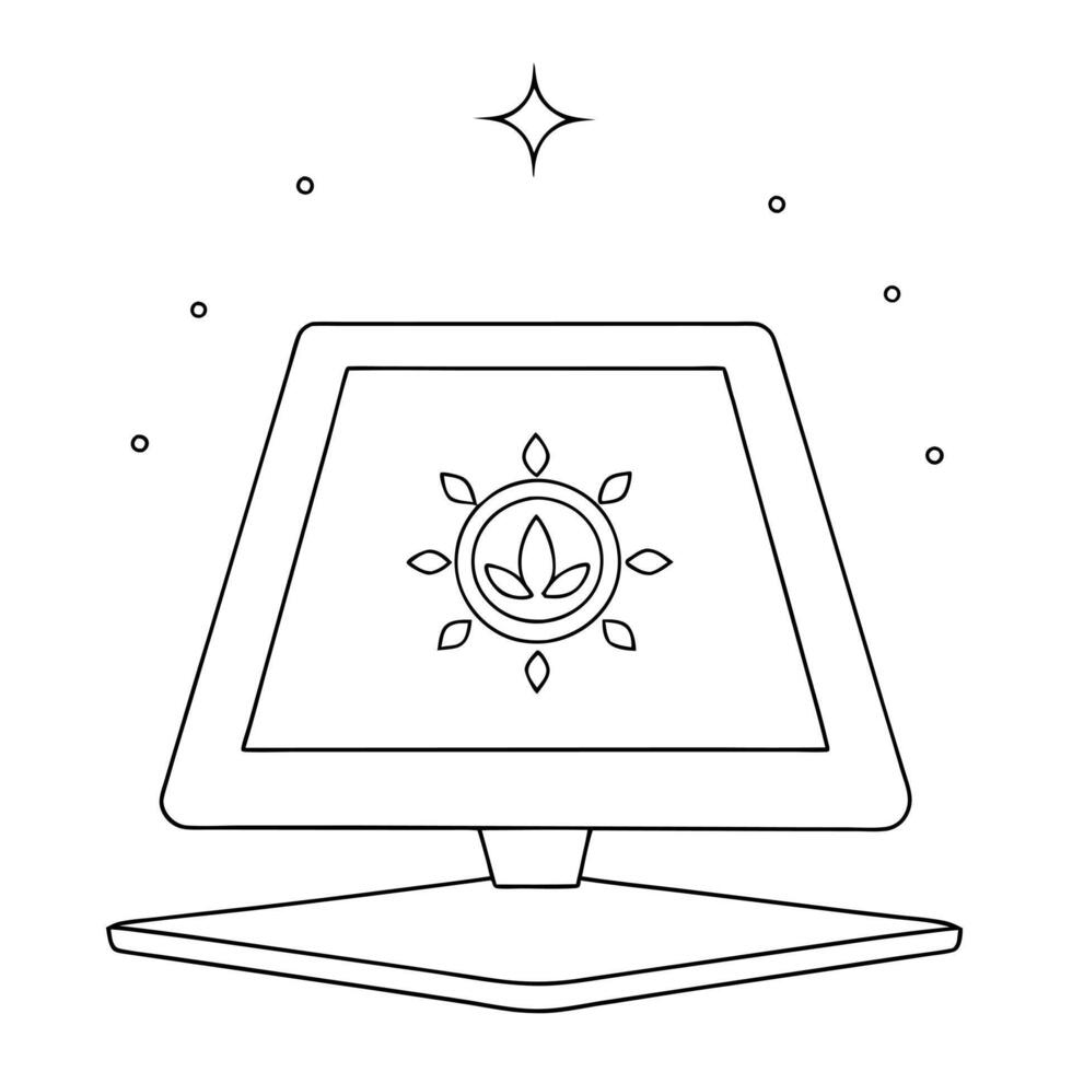 Flat Holographic tablet with Labh Pancham symbol and copy space concept as A futuristic holographic tablet with the Labh Pancham symbol glowing on the screen floating above a white Cleans vector