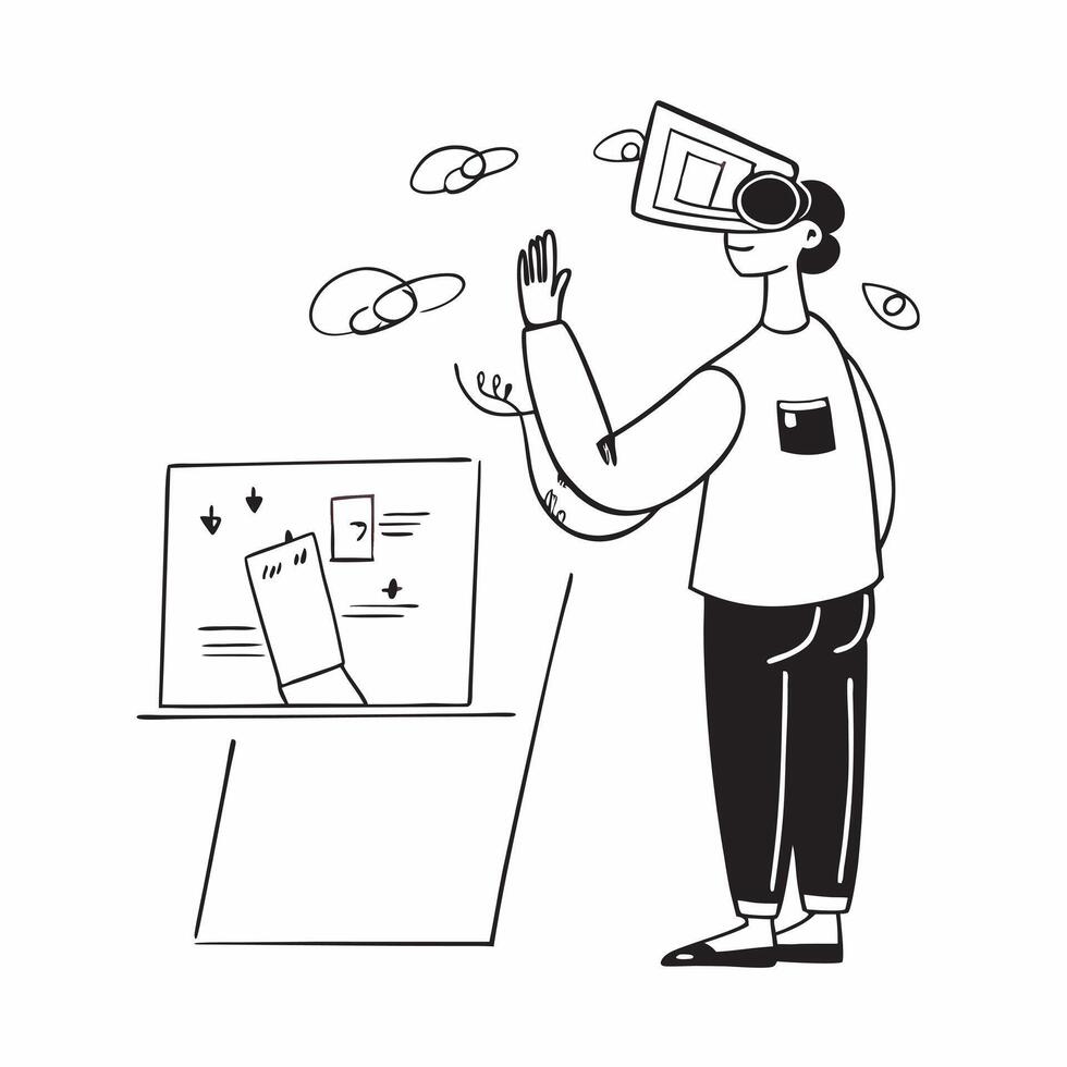Flat Innovator candidly testing a prototype with augmented reality concept as A candid photo of an innovator testing a prototype using augmented reality glasses in a tech lab The Cleans vector
