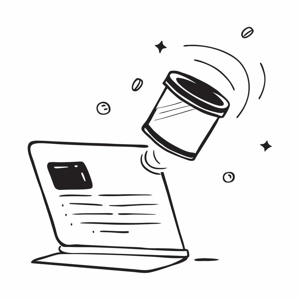 Flat Laptop screen with holographic coffee cup floating beside isolated on white concept as A sleek laptop is open on a pristine white surface with a holographic coffee cup symbol Cleans vector
