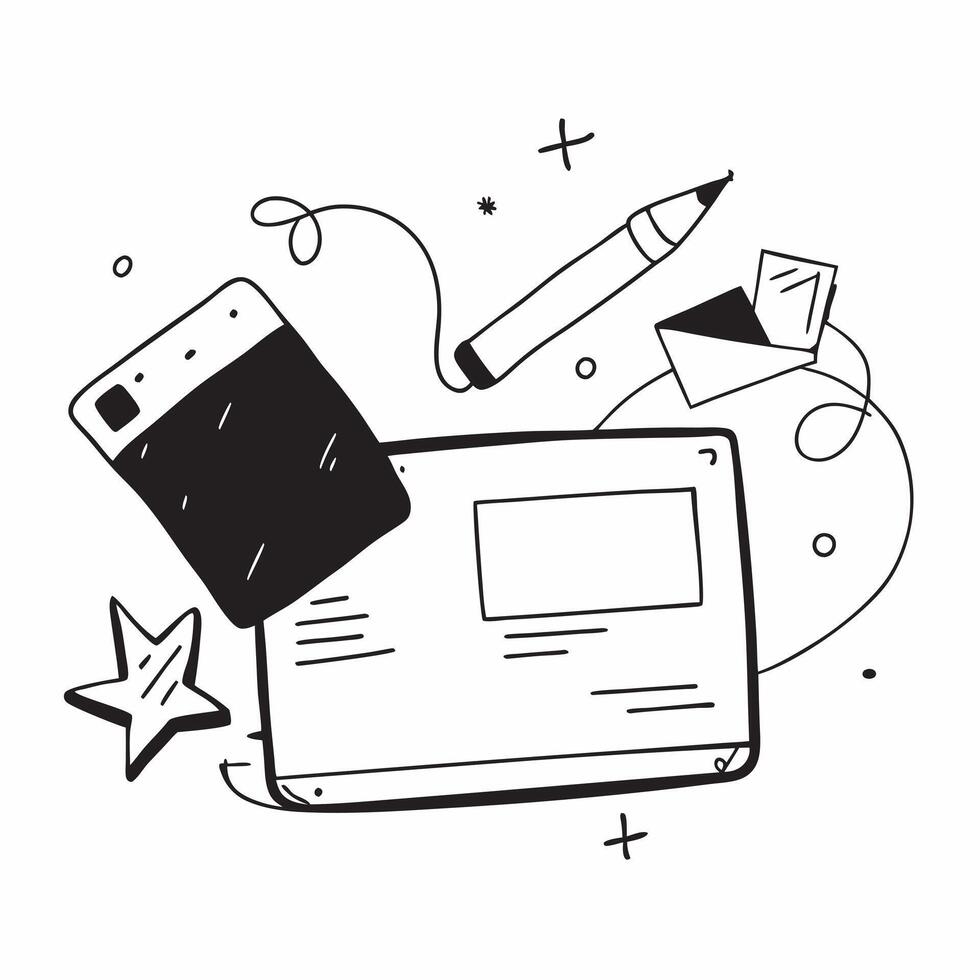 Flat Laptop and pencil border frame with Digital Content text and copy space concept as A dynamic border frame featuring a laptop and pencil at opposite corners with the text Digit Cleans vector