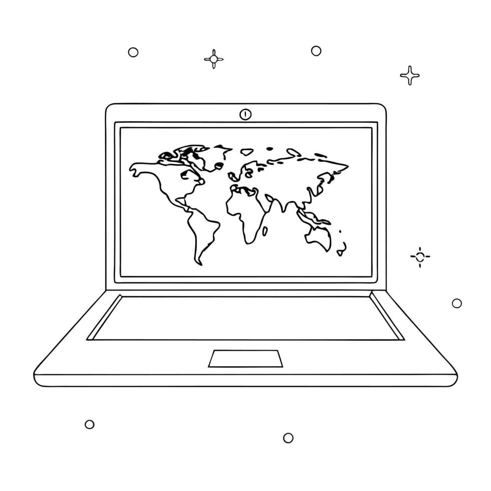 Flat Laptop with holographic map and data overlays concept as A laptop on a white surface displaying a holographic map with floating data overlays The glowing glossy elements high Cleans vector