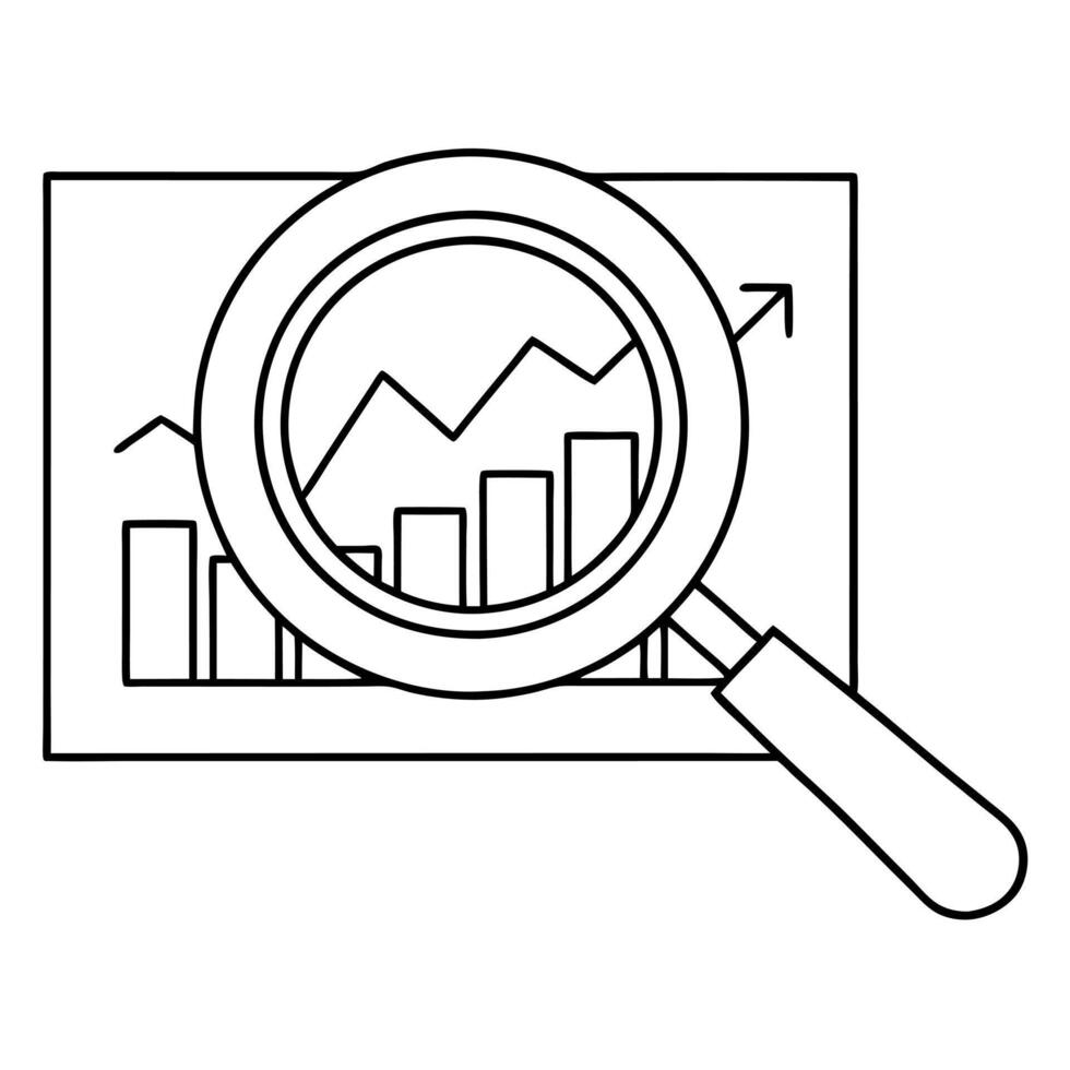 Flat Magnifying glass icon hovering over a line graph concept as A magnifying glass icon suspended above a line graph isolated on a white background This setup creates a feeling o Cleans vector