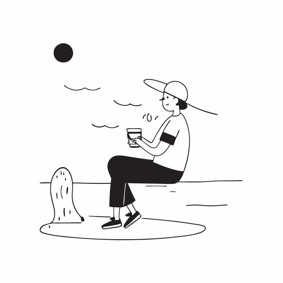 Flat Man enjoying a cold drink while fishing at a peaceful lake concept as A candid shot of a man sitting by a peaceful lake enjoying a cold drink while fishing The camera capture Cleans vector