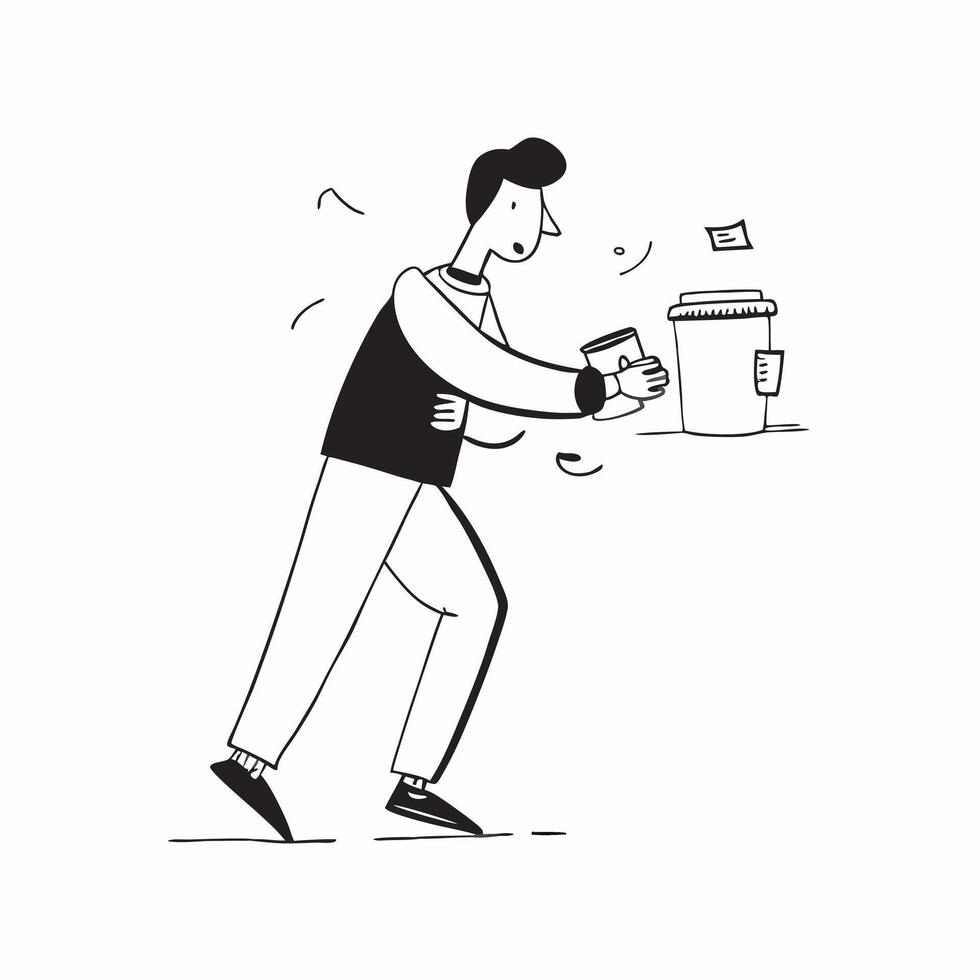 Flat Man grabbing a coffee from a street vendor during a morning walk concept as A candid moment of a man grabbing a coffee from a street vendor during his morning walk The camera Cleans vector