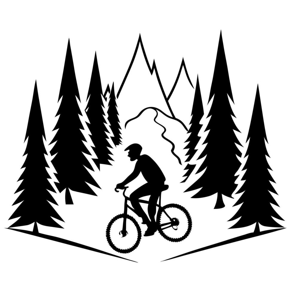 Flat Mountain Biker on Glossy Trail through Misty Forest concept as A mountain biker riding along a glossy trail through a misty forest with soft light filtering through the trees Cleans Set 2 vector