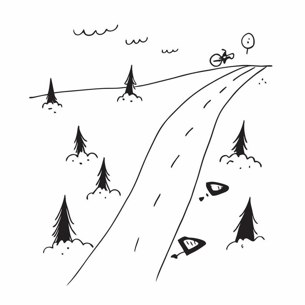 Flat Mountain Biker on Glossy Trail through Misty Forest concept as A mountain biker riding along a glossy trail through a misty forest with soft light filtering through the trees Cleans Set 3 vector