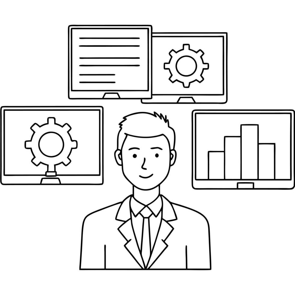 Flat Operations manager optimizing glossy workflow data concept as An operations manager is focused on a large glossy workflow data dashboard displayed on multiple screens The bac Cleans vector