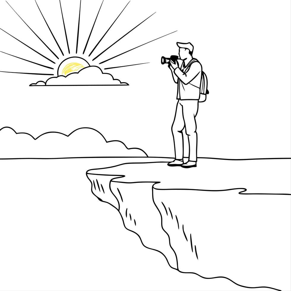 Flat Photographer on Glossy Cliff Edge at Golden Hour concept as A photographer standing on the edge of a glossy cliff during golden hour with the light reflecting off the surface Cleans vector