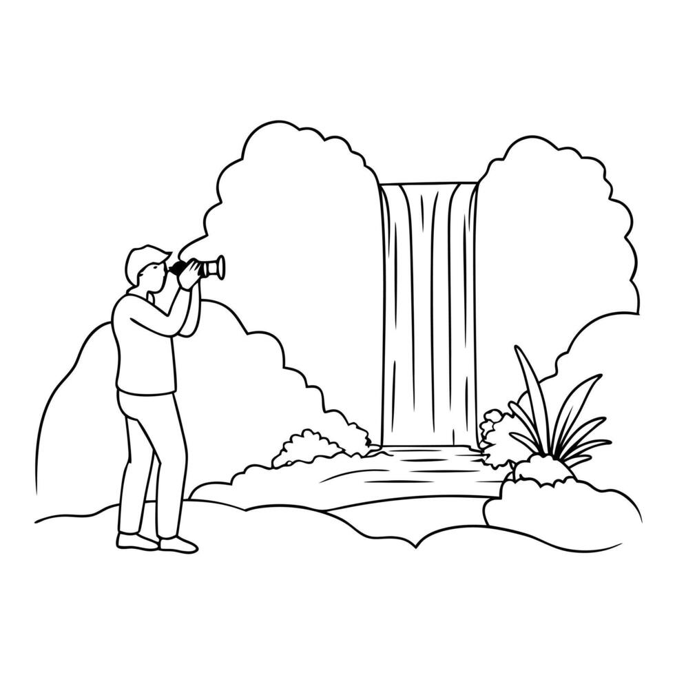 Flat Photographer Capturing Glossy Waterfall in Lush Forest concept as A photographer capturing a glossy waterfall surrounded by lush greenery with light reflecting off the water Cleans Set 2 vector